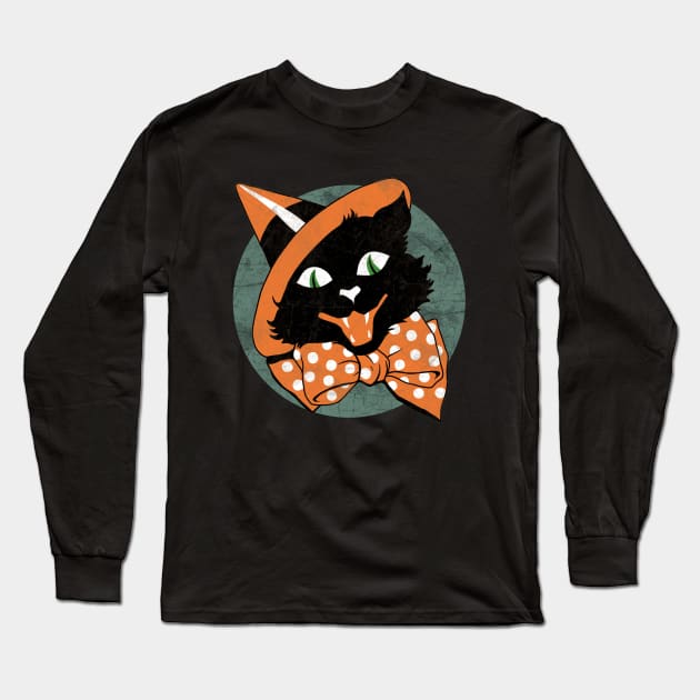 Vintage Halloween Cat -  Spooky Black Cat Long Sleeve T-Shirt by valentinahramov